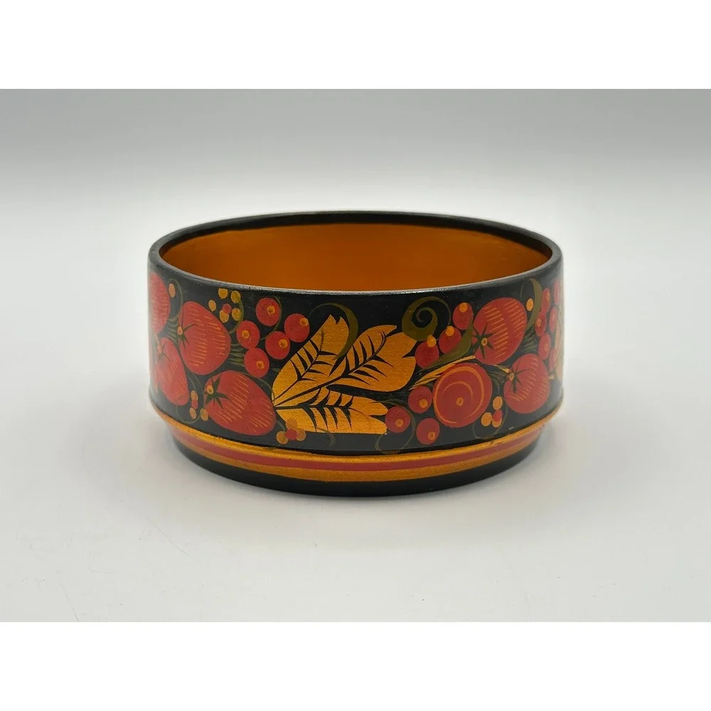 Vintage Khokhloma Wooden Bowl Hand Painted Strawberry Folk Art Black Gold